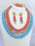 Pink and Blue with Gold Crystal Party Bridal African Beads Necklace Wedding Set