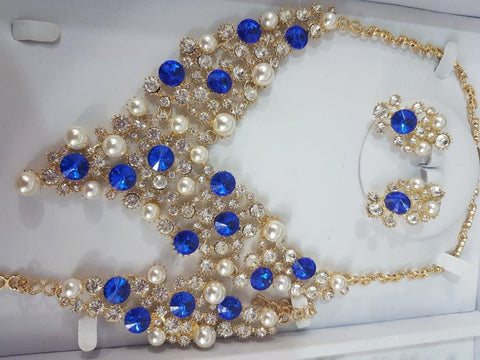 Blue Pearl Gold Plated Jewellery complete Set Wedding Bridal Party Set