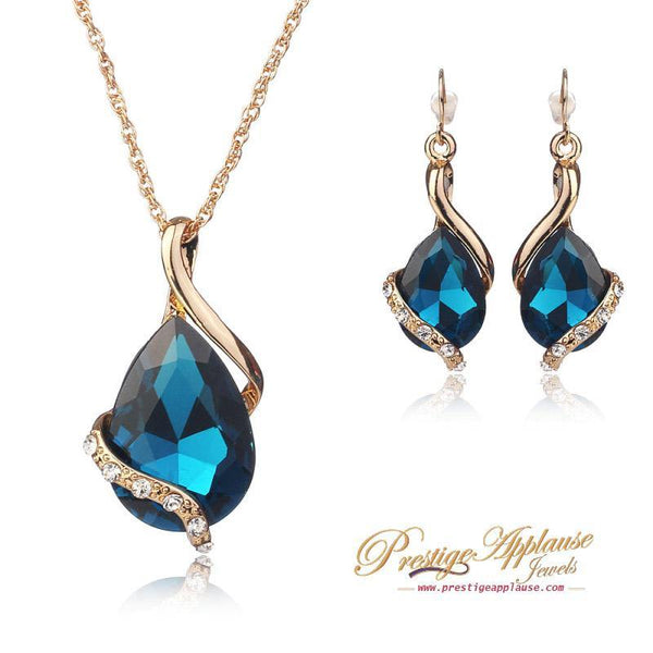 Tear drop Crystal Gold Plated Necklace Earring Jewellery Set