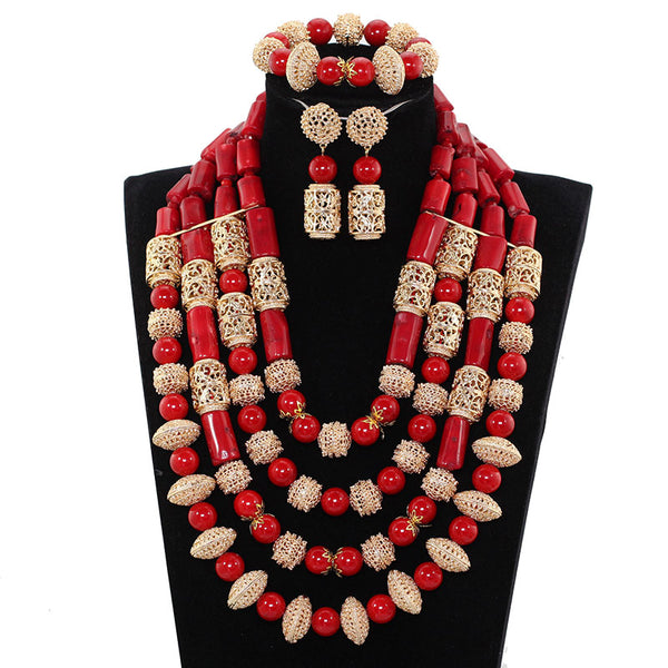 Elegant Celebrant Design Red Coral Beads embellished with Gold Balls Bridal Party African Nigerian Jewellery Set
