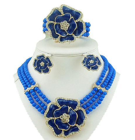 3 Layer Blue Beads Jewellery Set with Brooch Pendant Necklace Earring Bracelet & Ring Beautiful Design Blue - PrestigeApplause Jewels 