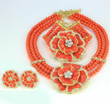 3 Layer Orange Beads Jewellery Set with Brooch Pendant Necklace Earring Bracelet & Ring Beautiful Design - PrestigeApplause Jewels 