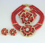 3 Layer Red Beads Jewellery Set with Brooch Pendant Necklace Earring Bracelet & Ring Beautiful Design - PrestigeApplause Jewels 