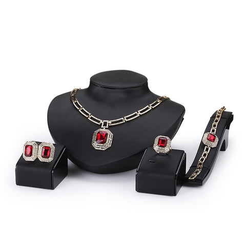 Red Rhinestone Elegant Gold Plated Jewelry Necklace Earring Bracelet Set