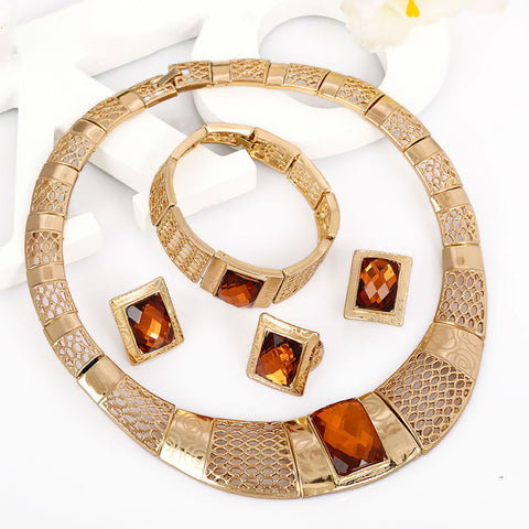 Classy Gold Plated Net with Brown Rhinestone Necklace Earring Jewellery Sets