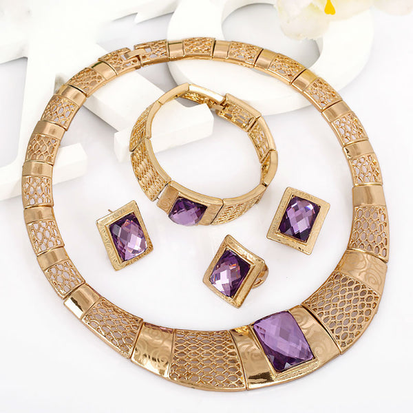 Classy Gold Plated Net with Purple Rhinestone Necklace Earring Jewellery Sets