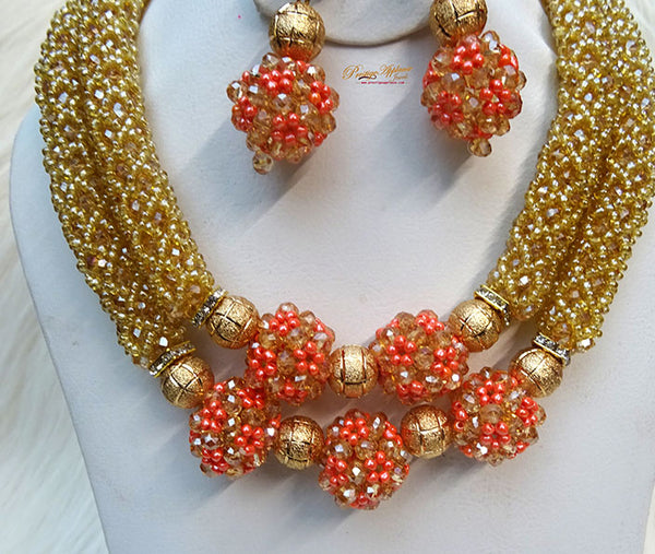 PrestigeApplause Customised Peach & Gold New Design Party Bridal Wedding African Beads Jewellery Set