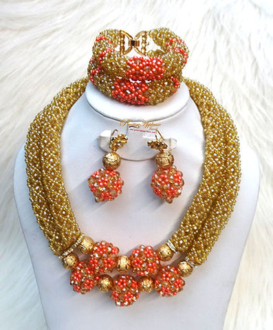 PrestigeApplause Customised Peach & Gold New Design Party Bridal Wedding African Beads Jewellery Set