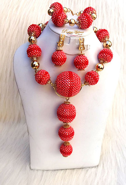 Peach with Red New Latest Design Party Bridal Wedding African Beads Jewellery Set