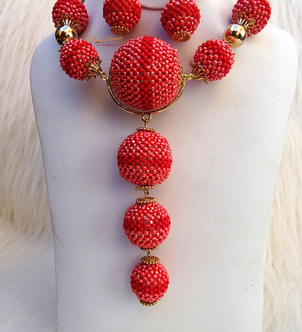 Peach with Red New Latest Design Party Bridal Wedding African Beads Jewellery Set