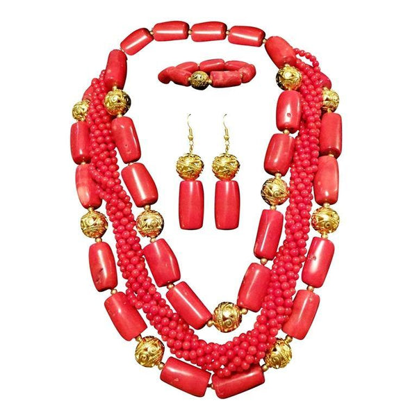 African Coral Beads gold plated Jewellery Set Red - PrestigeApplause Jewels 