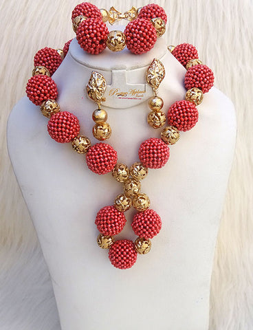 New Latest Design Deep Peach Party Bridal Wedding African Beads Jewellery Set