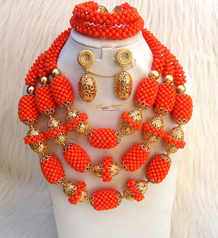 New Latest Design Original Traditional Coral with Gold Accessories Party Bridal Wedding Beads Jewellery Set