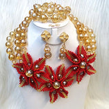 Latest design Gold Dark Red African Nigerian Beads Necklace Bridal Jewellery Set