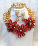 New Design African Nigerian White Crystal 3 Layers New Design Beads Party Bridal Flower Brooch Jewellery Set