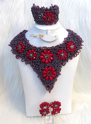 Bold Statement Detail Mixed Tone Red Party African Bridal Wedding Cocktail Nigerian Beads Jewellery Set