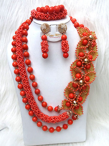 Orange Coral New 2 Designs Party African Bridal Wedding Cocktail Nigerian Beads Jewellery Set