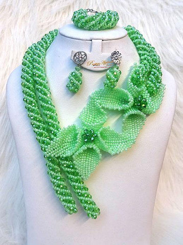 2 Tones Green New Latest Design 2 Pattern Party African Nigerian Beads Jewellery Set