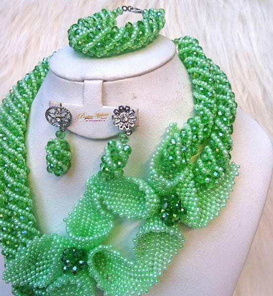 2 Tones Green New Latest Design 2 Pattern Party African Nigerian Beads Jewellery Set