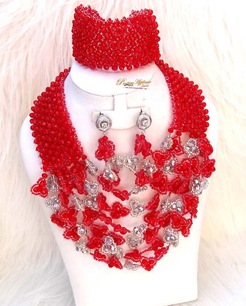 PrestigeApplause Customised Silver Red Crystal Wedding Bridal African Nigerian Beads Jewellery Set