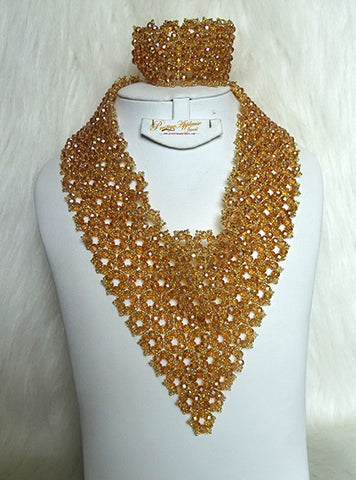 V Shade Elegant Trio Crystal Gold Beautiful Design Party African Beads Jewellery Set
