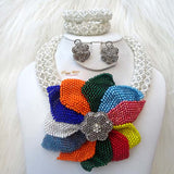 White with Multi color Handmade Flower Party African Bridal Wedding Nigerian Beads Jewellery Set