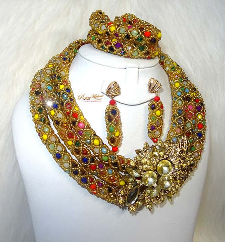 Reduced Price Multicolor Crystal Party Bridal Wedding African Beads Jewellery Set