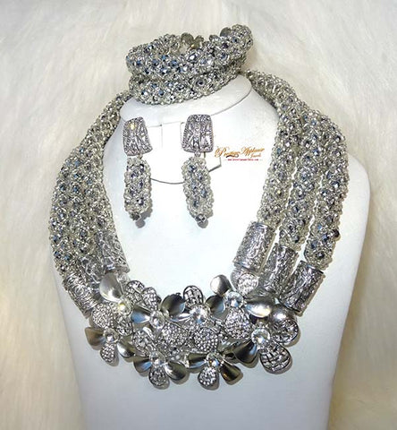 PrestigeApplause Customised Full Silver Crystal Bridal Wedding African Bead Jewellery Set UK Fast Delivery