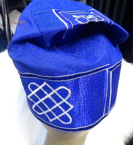Royal Blue African Men Aso Oke Fila Cap Party with White Embroidery Size 23 inch PRE ORDER