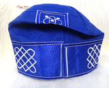 Royal Blue African Men Aso Oke Fila Cap Party with White Embroidery Size 23 inch