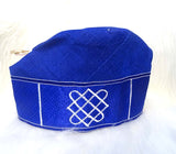 Royal Blue African Men Aso Oke Fila Cap Party with White Embroidery Size 23 inch