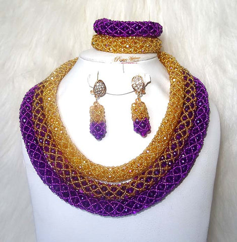 PrestigeApplause 3 Layers Customised Purple & Gold African Beads Bridal Wedding Party Jewelry Set