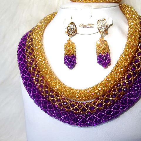PrestigeApplause 3 Layers Customised Purple & Gold African Beads Bridal Wedding Party Jewelry Set