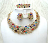 Sparkling Gold Multi color Costume Fashion Party Wedding Necklace Earring Bracelet Jewellery Set