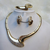 Brown & White Crystal Gold Plated Necklace Bangle Earring Bridal Wedding Party Set