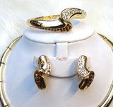 Brown & White Crystal Gold Plated Necklace Bangle Earring Bridal Wedding Party Set