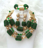Emerald Green Multi Layers Latest Design Mixed with Gold Wedding Bridal African Beads Jewellery Set