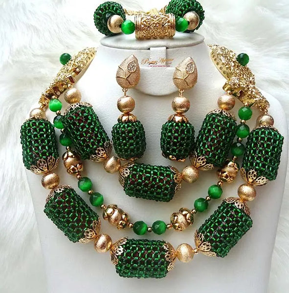 Emerald Green Multi Layers Latest Design Mixed with Gold Wedding Bridal African Beads Jewellery Set