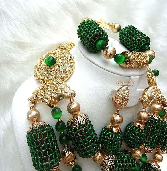 Emerald Green Multi Layers Latest Design Mixed with Gold Wedding Bridal African Beads Jewellery Set