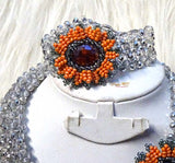 PrestigeApplause Crystal Silver with Orange Flower Beautiful Design Wedding Bridal Party Jewellery Set