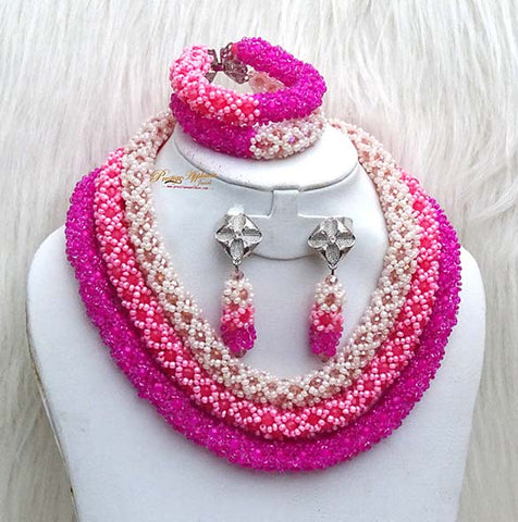PrestigeApplause 3 Layers Customised Mixed Pink Tones Beads Bridal Wedding Party Jewelry Set