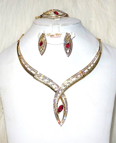 New Design Champagne Red Gold Plated Complete Set Necklace Jewellery Party Set