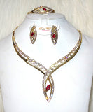 New Design Champagne Red Gold Plated Complete Set Necklace Jewellery Party Set