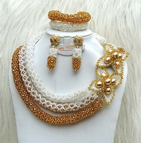 PrestigeApplause Design White Infused with Gold Tulip Bridal Wedding Beads Bridal Party Jewellery Set