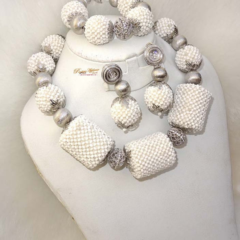 Latest Design White Bridal Wedding Beads embelished with Silver Balls Bridal Party African Nigerian Jewellery Set