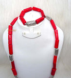 PrestigeApplause Men Red Coral with Silver Accessories Beads Groom Wedding Party Necklace Bracelet Jewellery Set