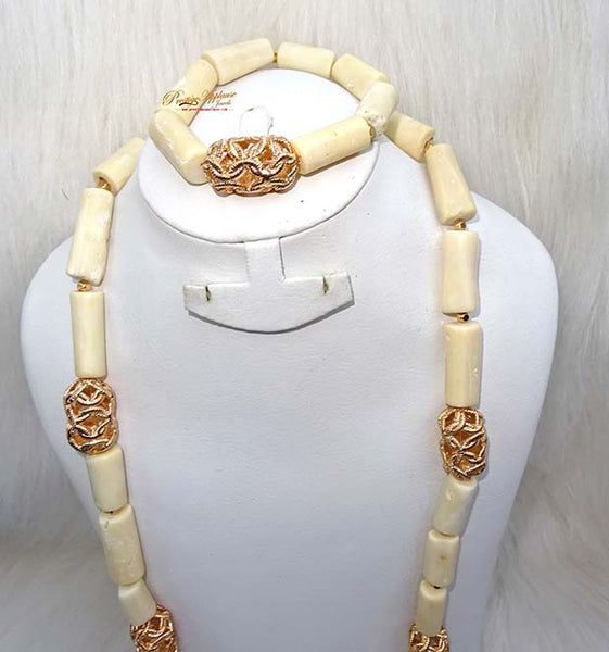 PrestigeApplause Men White Coral with Gold Accessories Beads Groom Wedding Party Necklace Bracelet Jewellery Set