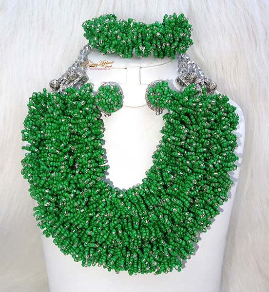 Green and Silver Full Party Wedding Bridal Necklace Jewellery Set