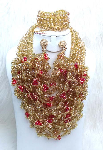 PrestigeApplause Gold & Red Full Crystal Party Wedding Bridal Necklace Jewellery Set