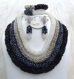 Black Silver Off White Beautiful Mixed 4 Layers Crystal Party Wedding Bridal Necklace Jewellery Set